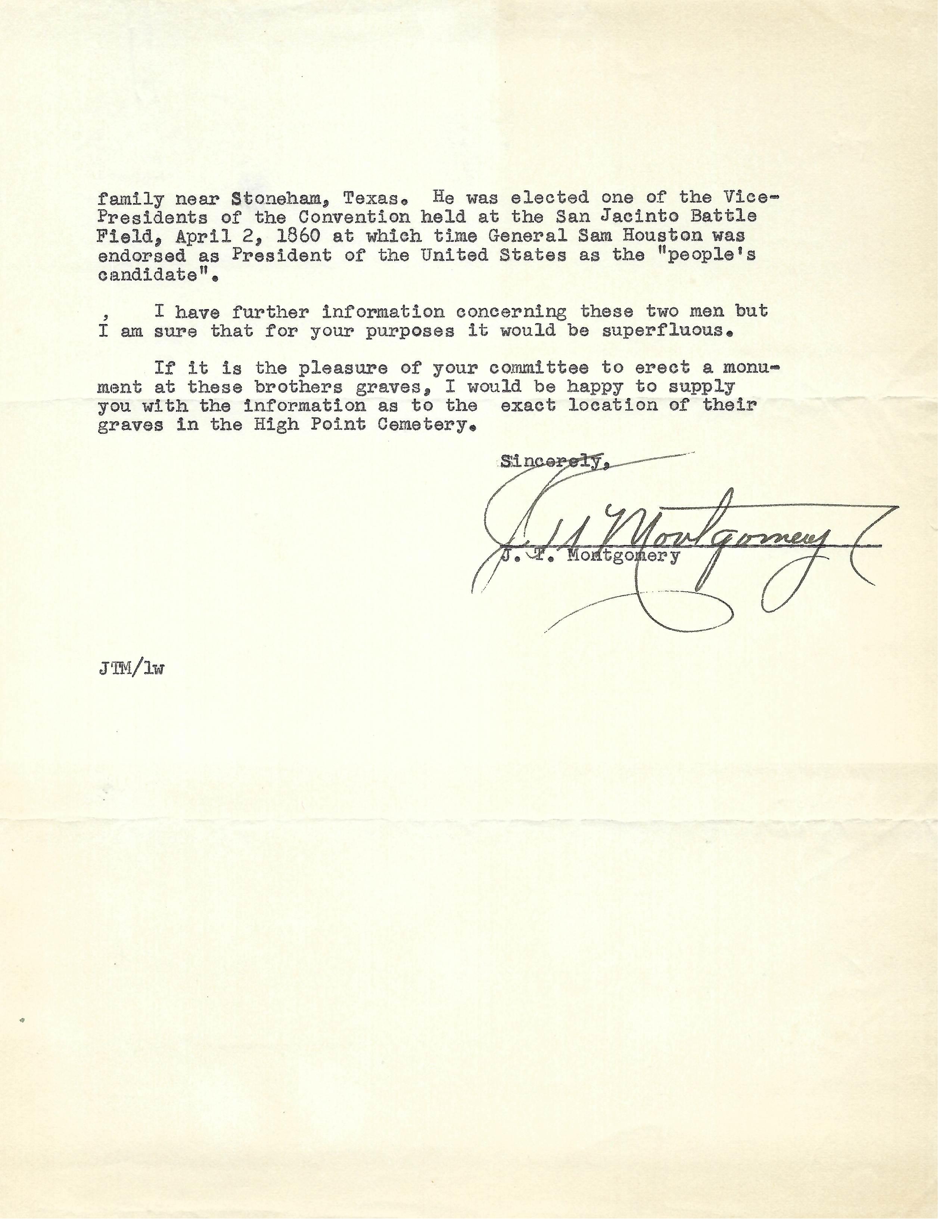 Second page of J. T.(James Troy) Montgomery's 1956 Letter to Texas Historical Foundation